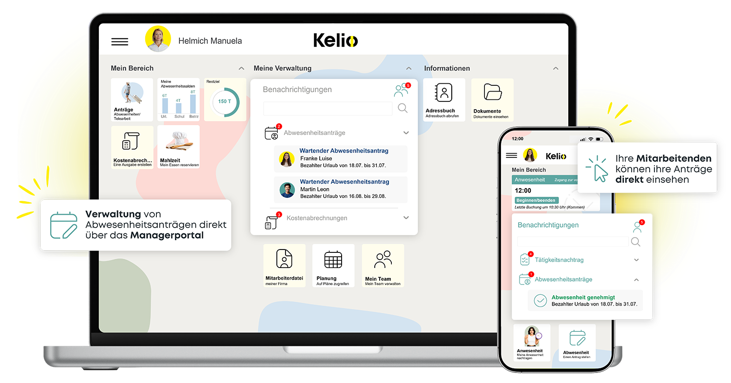 Kelio HR-Portal auf einem Laptop-Bildschirm für die digitale Urlaubsplanung und Einreichung von Abwesenheitsanträgen