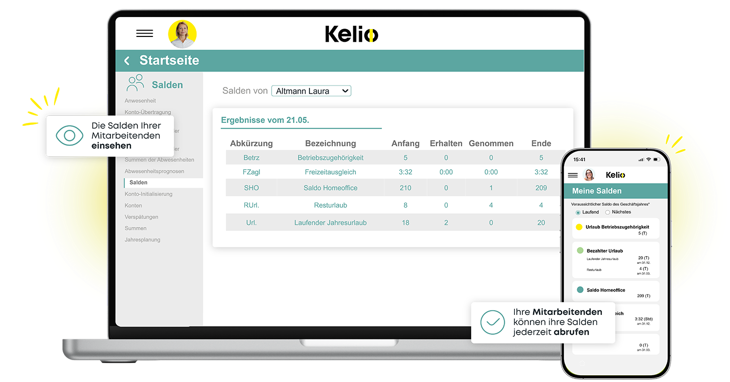 Übersicht der Urlaubsansprüche und des Resturlaubs in Echtzeit in der Kelio Abwesenheitsverwaltungssoftware