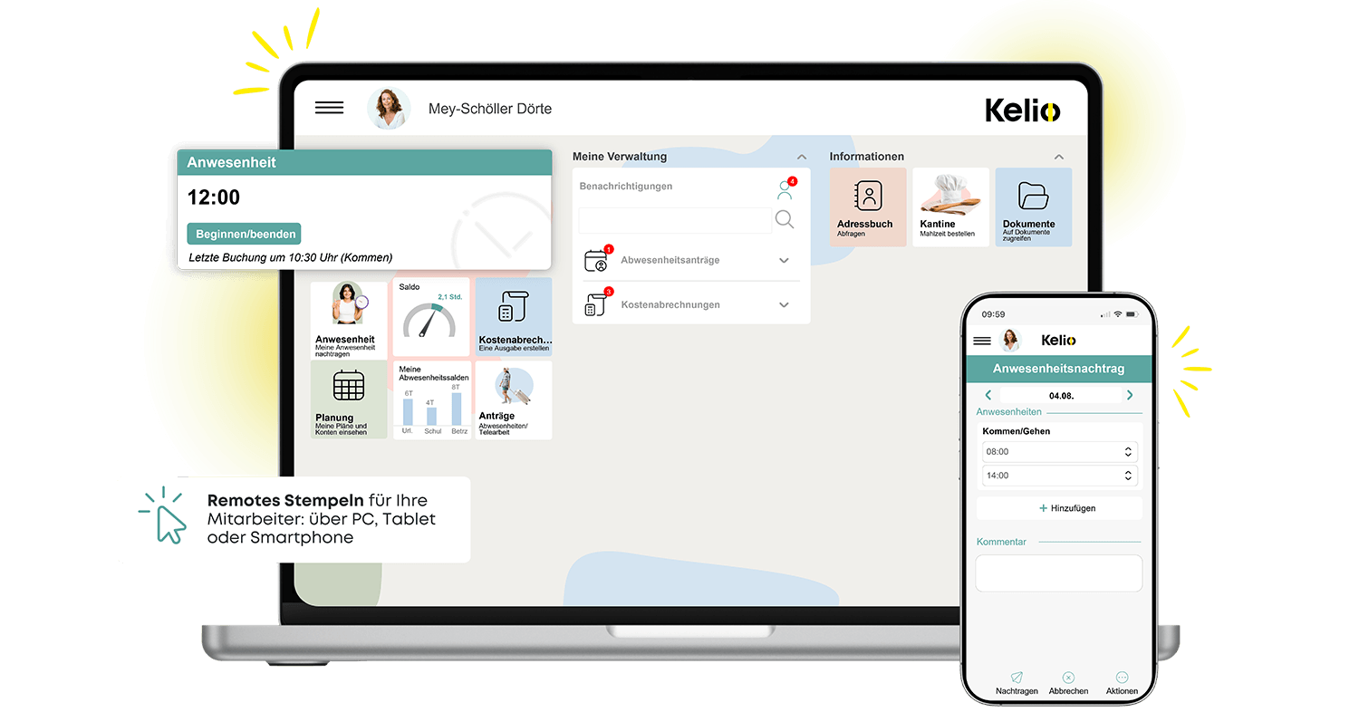 Kelio Zeiterfassungssoftware auf Laptop und Smartphone für digitales Stempeln im Homeoffice
