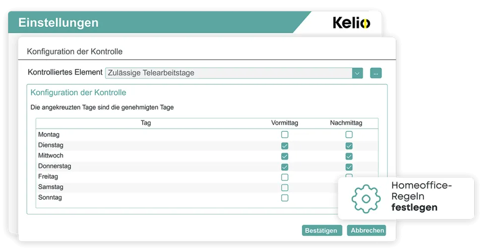 Einstellungen in Kelio zur Konfiguration von Homeoffice-Regeln und zulässigen Telearbeitsstunden